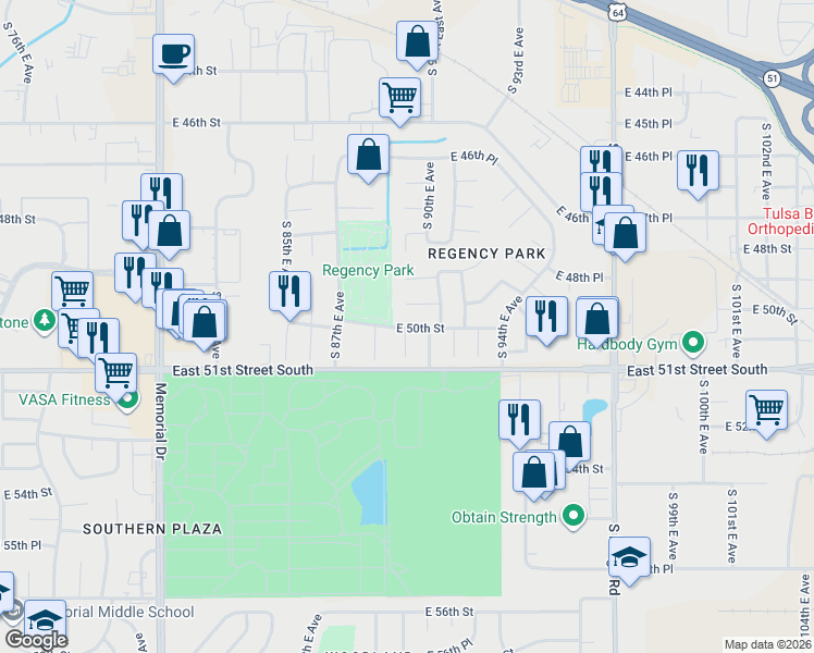 map of restaurants, bars, coffee shops, grocery stores, and more near 8909 East 50th Street in Tulsa