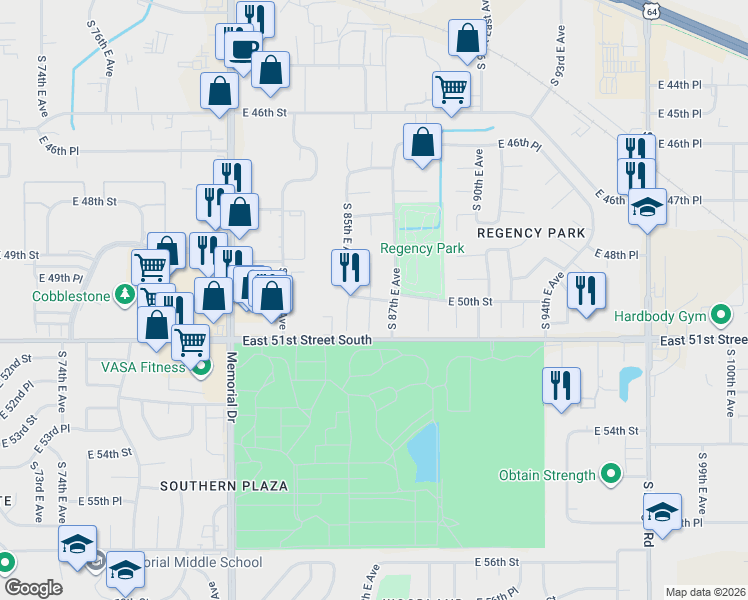 map of restaurants, bars, coffee shops, grocery stores, and more near 8615 East 50th Street in Tulsa