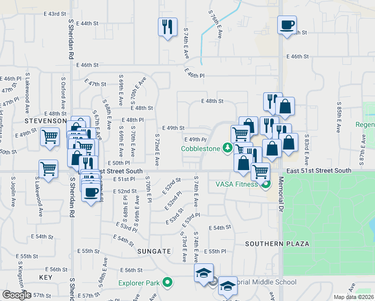 map of restaurants, bars, coffee shops, grocery stores, and more near 7323 East 50th Street in Tulsa