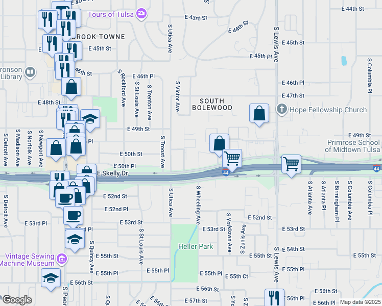 map of restaurants, bars, coffee shops, grocery stores, and more near 4849 South Victor Avenue in Tulsa