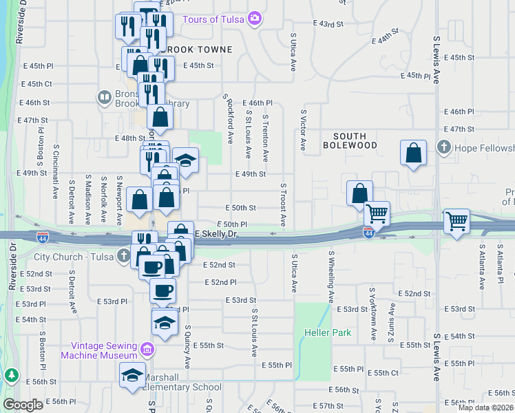 map of restaurants, bars, coffee shops, grocery stores, and more near 1551 East 50th Street in Tulsa