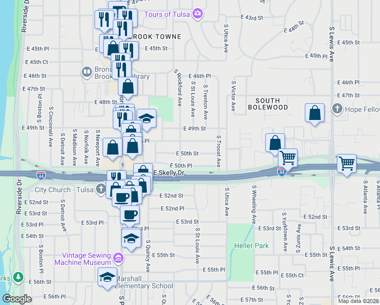 map of restaurants, bars, coffee shops, grocery stores, and more near 1517 East 50th Street in Tulsa