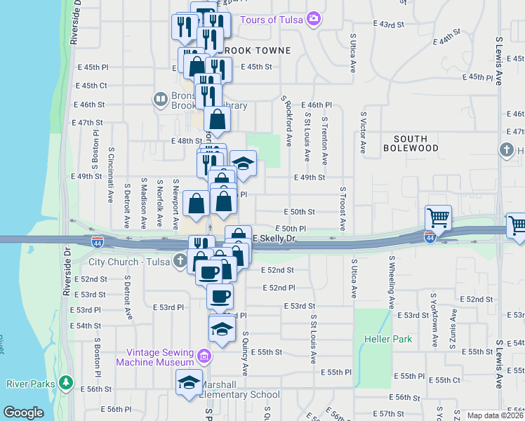map of restaurants, bars, coffee shops, grocery stores, and more near 4944 South Quincy Avenue in Tulsa