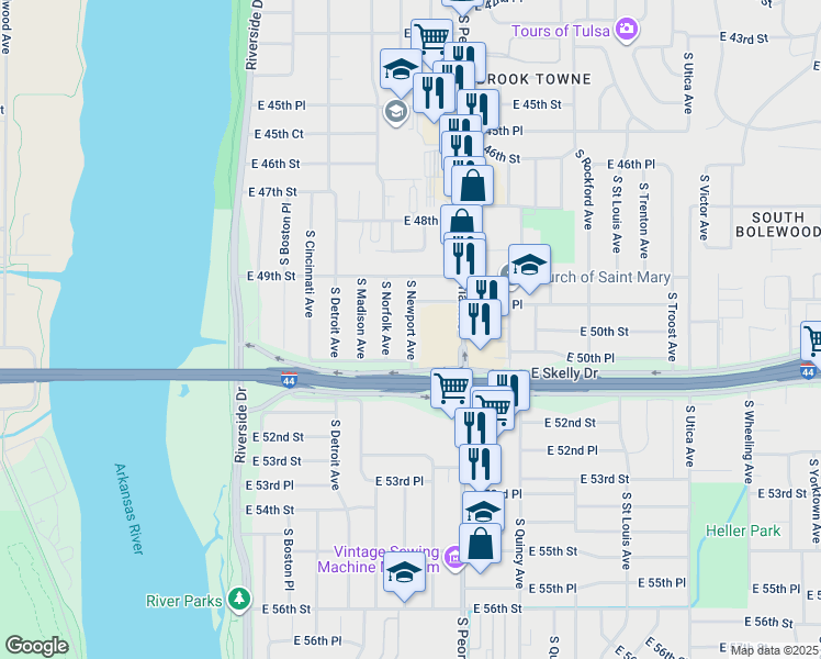 map of restaurants, bars, coffee shops, grocery stores, and more near 4941 South Newport Avenue in Tulsa