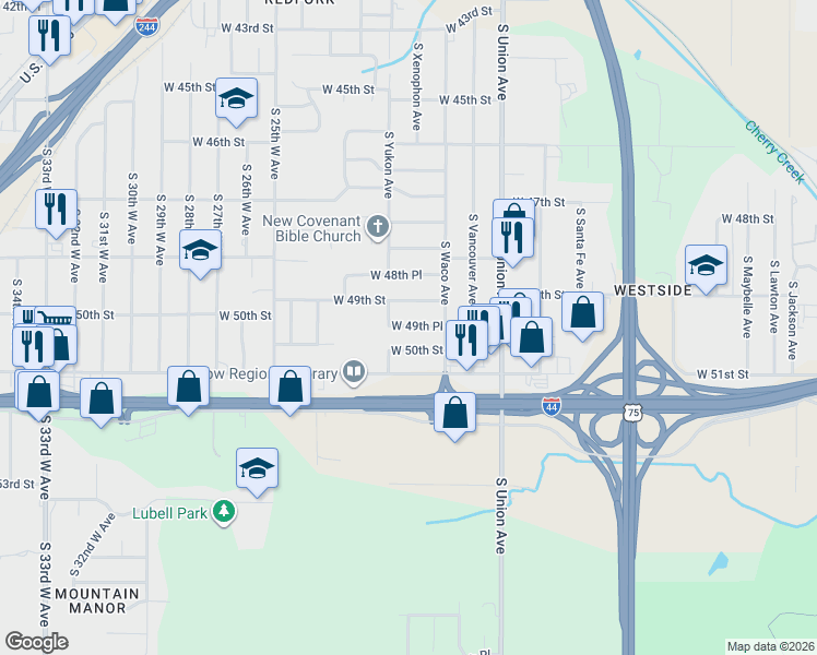 map of restaurants, bars, coffee shops, grocery stores, and more near 1923 West 49th Place in Tulsa