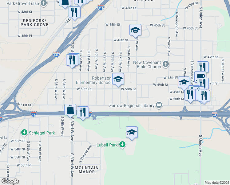 map of restaurants, bars, coffee shops, grocery stores, and more near 5004 South 28th West Avenue in Tulsa