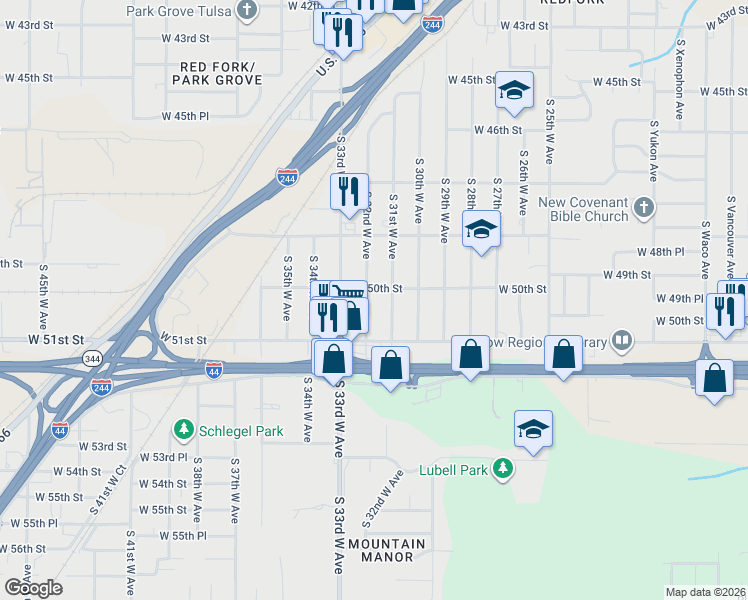 map of restaurants, bars, coffee shops, grocery stores, and more near 5002 South 32nd West Avenue in Tulsa