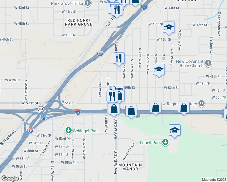 map of restaurants, bars, coffee shops, grocery stores, and more near 5002 South 33rd West Avenue in Tulsa