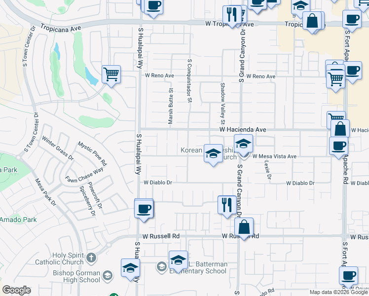 map of restaurants, bars, coffee shops, grocery stores, and more near 5358 South Conquistador Street in Las Vegas