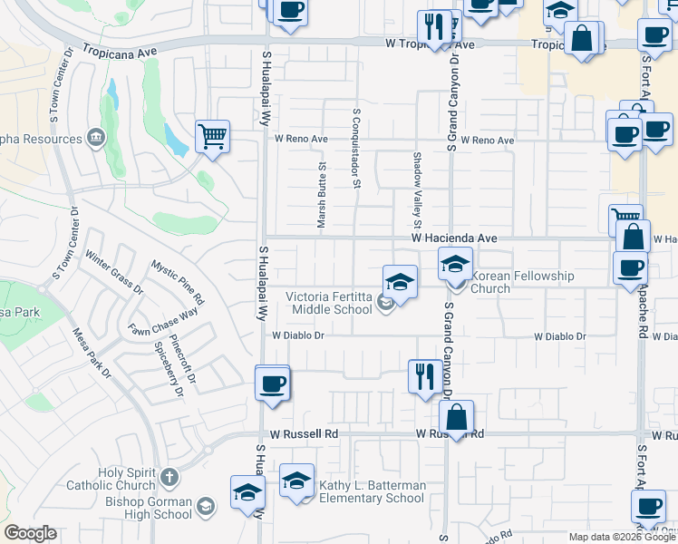 map of restaurants, bars, coffee shops, grocery stores, and more near 5374 Misty Acres Court in Las Vegas