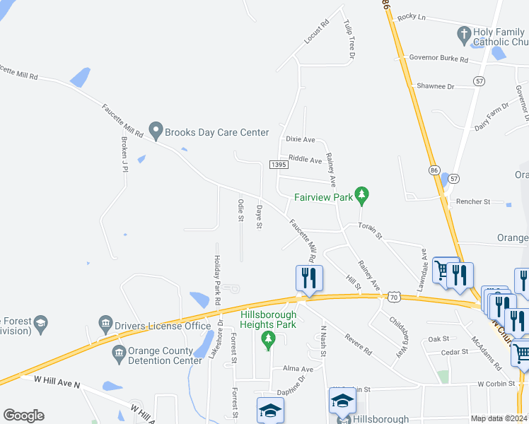 map of restaurants, bars, coffee shops, grocery stores, and more near 255 Daye Street in Hillsborough