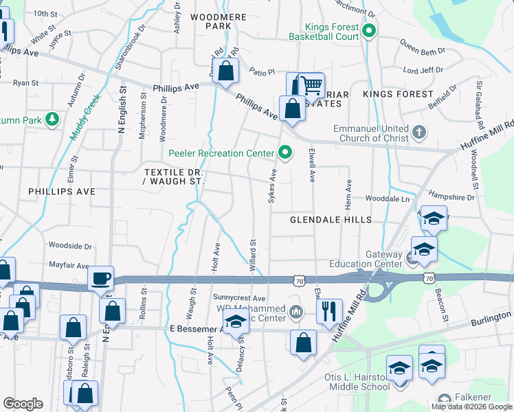 map of restaurants, bars, coffee shops, grocery stores, and more near 1024 Willard Street in Greensboro