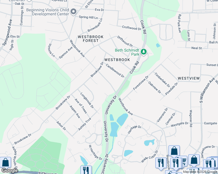map of restaurants, bars, coffee shops, grocery stores, and more near 1267 Westbrook Avenue in Elon