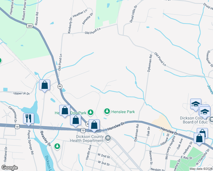 map of restaurants, bars, coffee shops, grocery stores, and more near 209 Birdie Court in Dickson