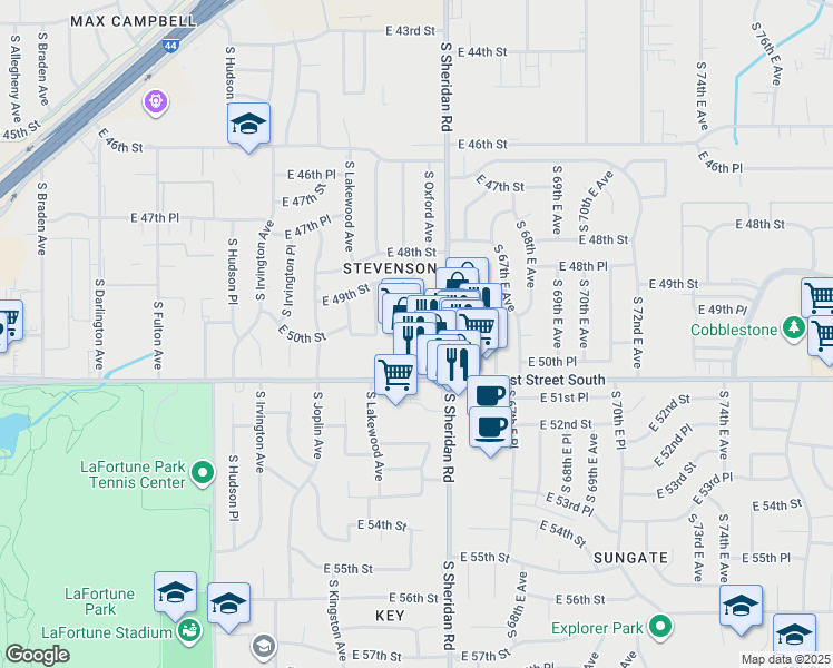 map of restaurants, bars, coffee shops, grocery stores, and more near 5008 South Sheridan Road in Tulsa