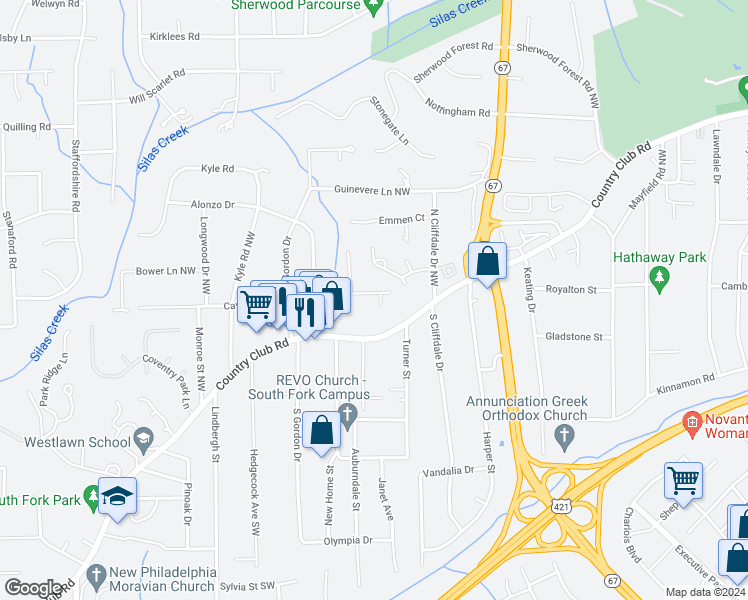 map of restaurants, bars, coffee shops, grocery stores, and more near 3818 Cavalier Drive Northwest in Winston-Salem