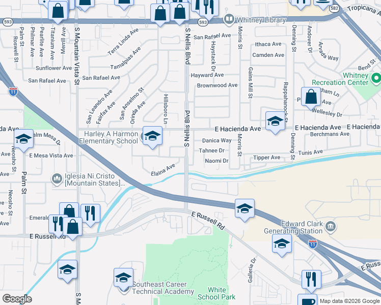 map of restaurants, bars, coffee shops, grocery stores, and more near 5385 Bridgette Way in Las Vegas