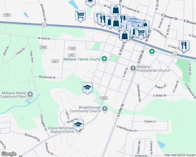 map of restaurants, bars, coffee shops, grocery stores, and more near 305 West Austin Street in Mebane