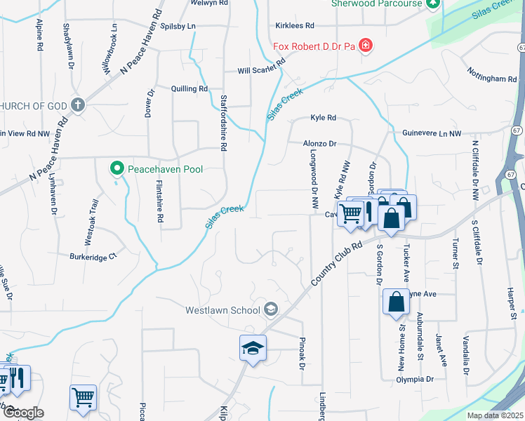 map of restaurants, bars, coffee shops, grocery stores, and more near 209 Bradberry Lane in Winston-Salem