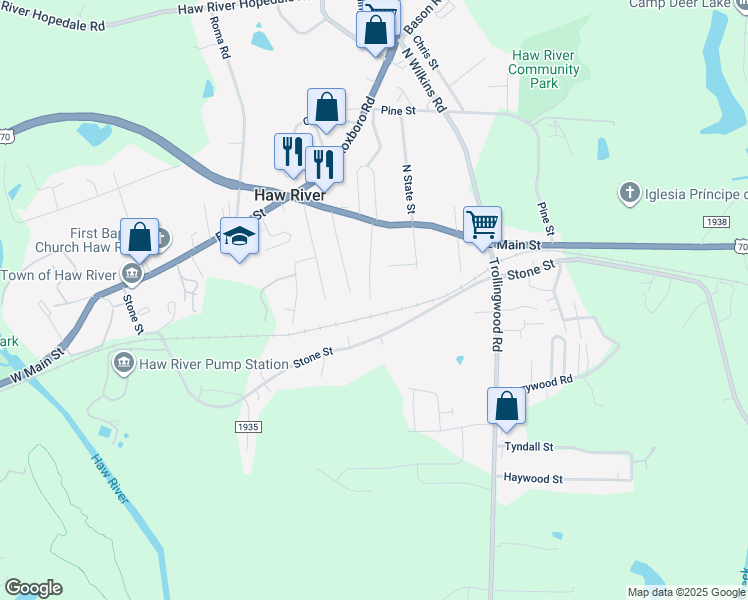 map of restaurants, bars, coffee shops, grocery stores, and more near 138 1st Street in Haw River