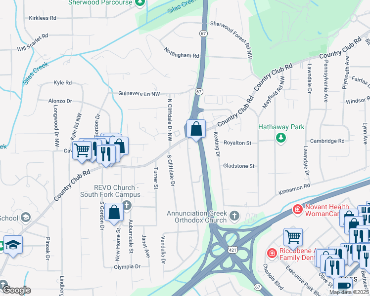 map of restaurants, bars, coffee shops, grocery stores, and more near 108 Harper Street in Winston-Salem