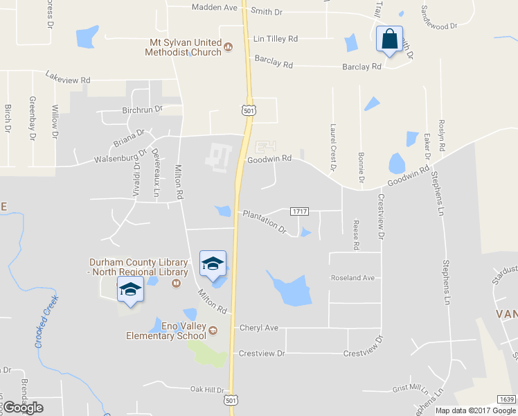 map of restaurants, bars, coffee shops, grocery stores, and more near 111 Plantation Drive in Durham