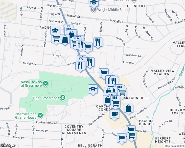 map of restaurants, bars, coffee shops, grocery stores, and more near 3748 Tennessee 11 in Nashville