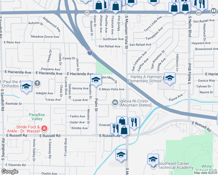 map of restaurants, bars, coffee shops, grocery stores, and more near 4515 Palm Grove Drive in Las Vegas