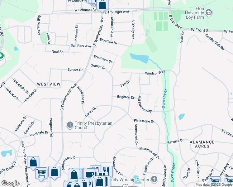 map of restaurants, bars, coffee shops, grocery stores, and more near 203 Brighton Drive in Elon
