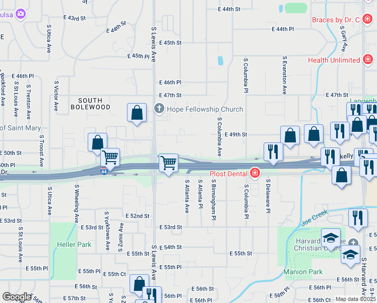 map of restaurants, bars, coffee shops, grocery stores, and more near 2505 East Skelly Drive in Tulsa