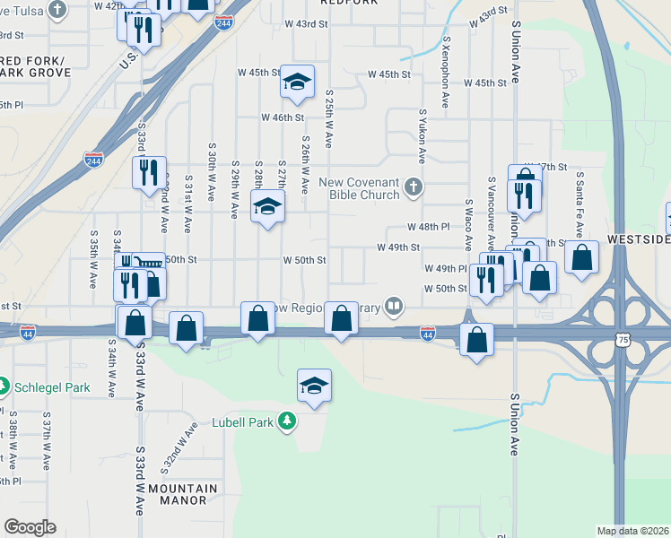 map of restaurants, bars, coffee shops, grocery stores, and more near 5004 South 25th West Avenue in Tulsa