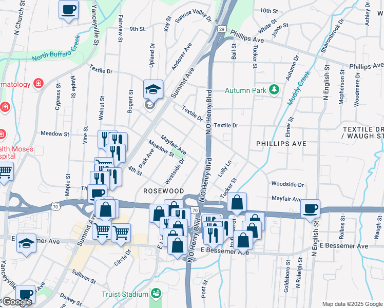 map of restaurants, bars, coffee shops, grocery stores, and more near 1413 Mayfair Avenue in Greensboro