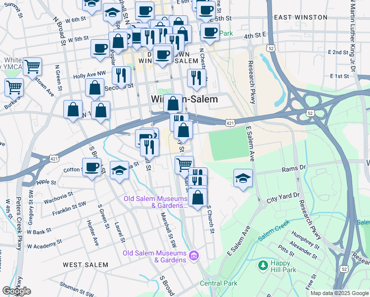 map of restaurants, bars, coffee shops, grocery stores, and more near 390 South Liberty Street in Winston-Salem