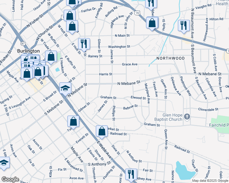 map of restaurants, bars, coffee shops, grocery stores, and more near 514 James Street in Burlington