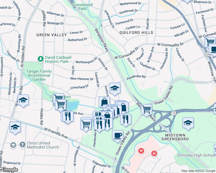 map of restaurants, bars, coffee shops, grocery stores, and more near 913 Pembroke Road in Greensboro