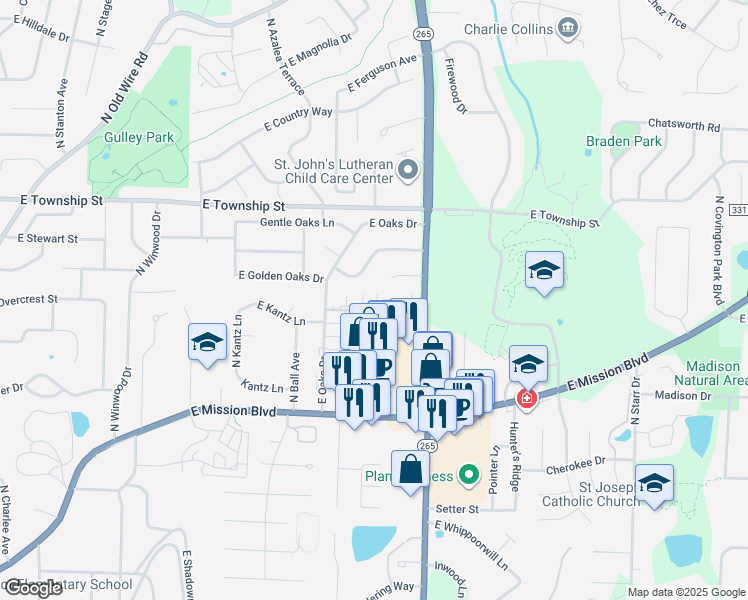 map of restaurants, bars, coffee shops, grocery stores, and more near 2624 Kantz Drive in Fayetteville