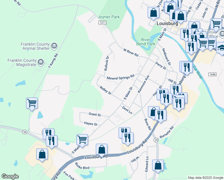 map of restaurants, bars, coffee shops, grocery stores, and more near 126 Mineral Springs Street in Louisburg