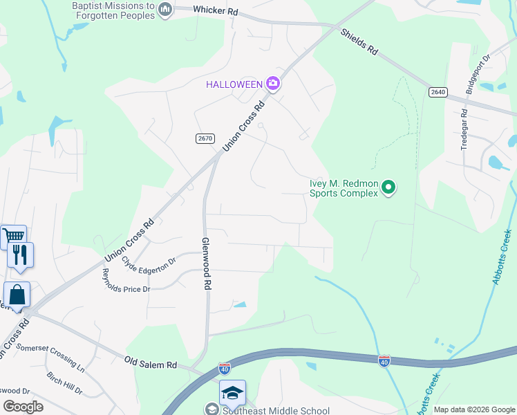 map of restaurants, bars, coffee shops, grocery stores, and more near 1225 Royal Coach Trail in Kernersville
