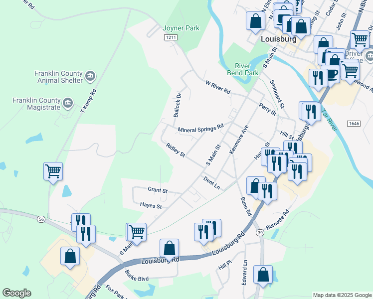 map of restaurants, bars, coffee shops, grocery stores, and more near 126 Mineral Springs Street in Louisburg