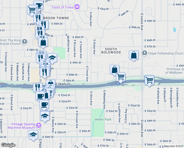 map of restaurants, bars, coffee shops, grocery stores, and more near 5013 South Utica Avenue in Tulsa