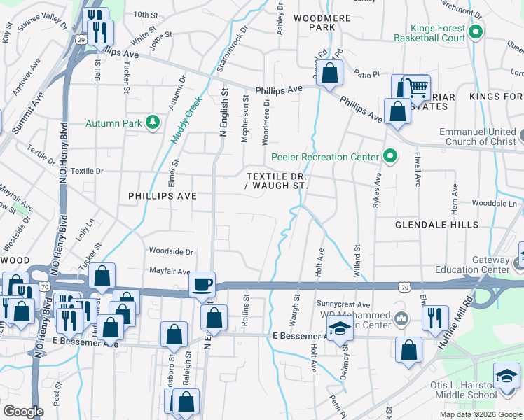 map of restaurants, bars, coffee shops, grocery stores, and more near 2127 Fairbrother Street in Greensboro