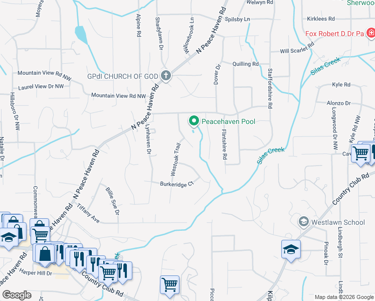 map of restaurants, bars, coffee shops, grocery stores, and more near 600 Brentwood Court in Winston-Salem