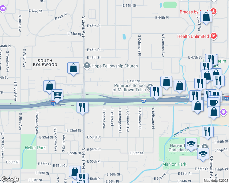 map of restaurants, bars, coffee shops, grocery stores, and more near 2531 East Skelly Drive in Tulsa
