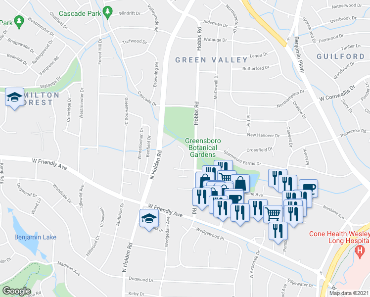 map of restaurants, bars, coffee shops, grocery stores, and more near 3408 Northline Avenue in Greensboro