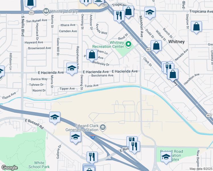 map of restaurants, bars, coffee shops, grocery stores, and more near 5559 Tunis Avenue in Las Vegas
