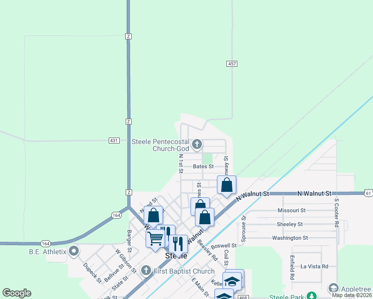 map of restaurants, bars, coffee shops, grocery stores, and more near 801-899 North 1st Street in Steele