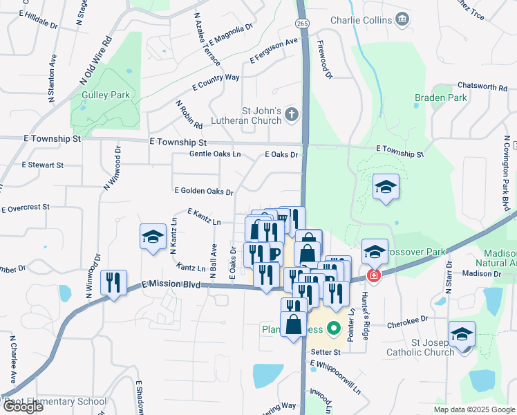 map of restaurants, bars, coffee shops, grocery stores, and more near 2624 Kantz Drive in Fayetteville