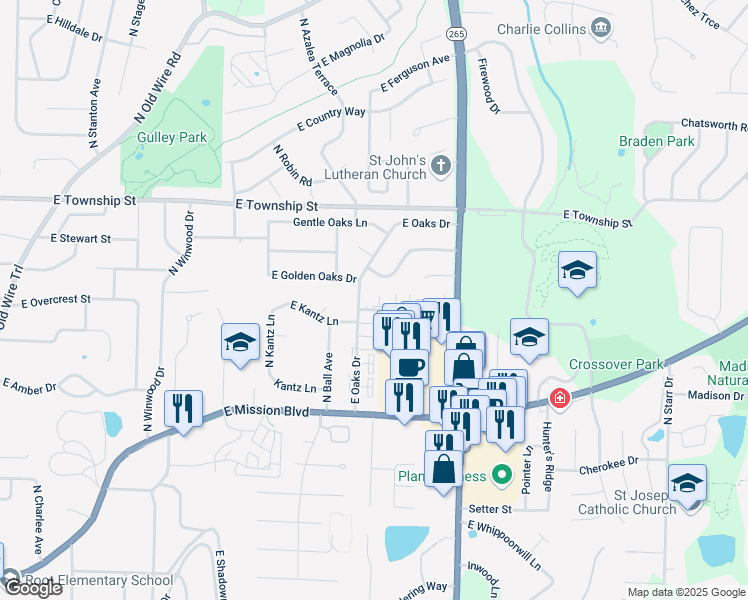 map of restaurants, bars, coffee shops, grocery stores, and more near 2530 Kantz Drive in Fayetteville
