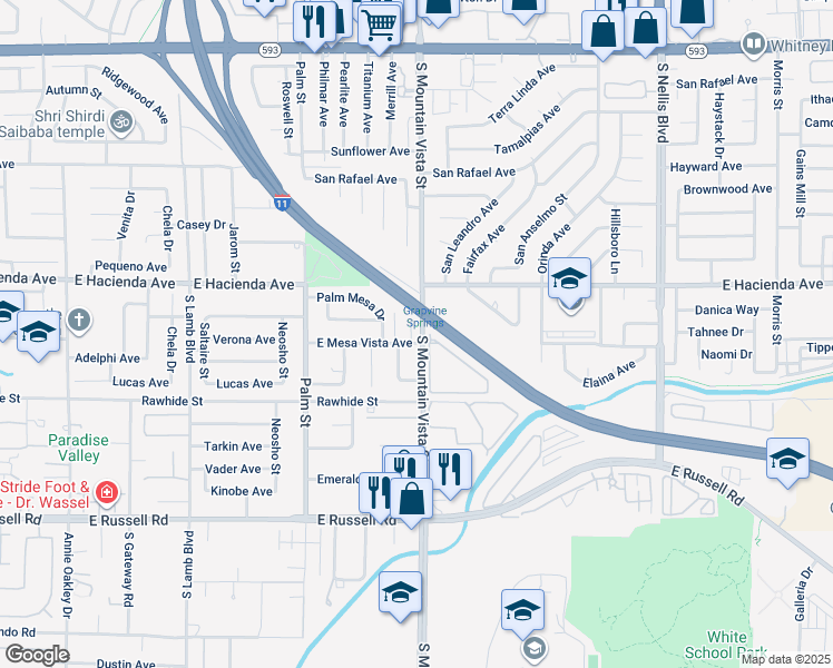 map of restaurants, bars, coffee shops, grocery stores, and more near 5383 South Mountain Vista Street in Las Vegas