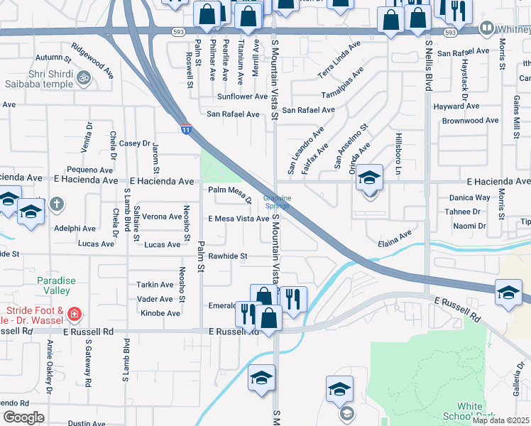 map of restaurants, bars, coffee shops, grocery stores, and more near 5383 South Mountain Vista Street in Las Vegas